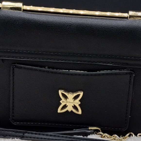 BCBGMAXAZRIA Black Sling / Mini Satchel/Crossbody Bag with Gold Clover Logo - Picture 2 of 8